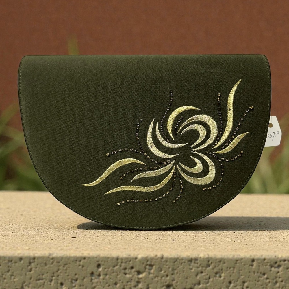 NEW Evening Clutch Purse Womens Green Half Moon‎ Beaded Embroidered Faux Suede